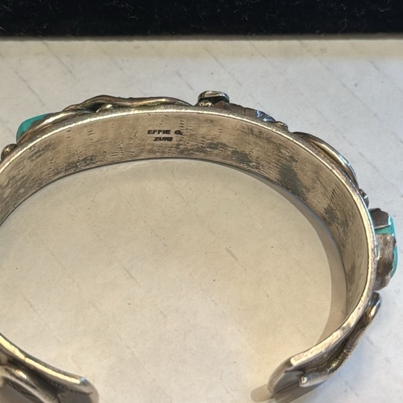 Vintage Navaho beautiful Effie C Zuni Coral and Turquoise Silver bracelet signed - Picture 5 of 11